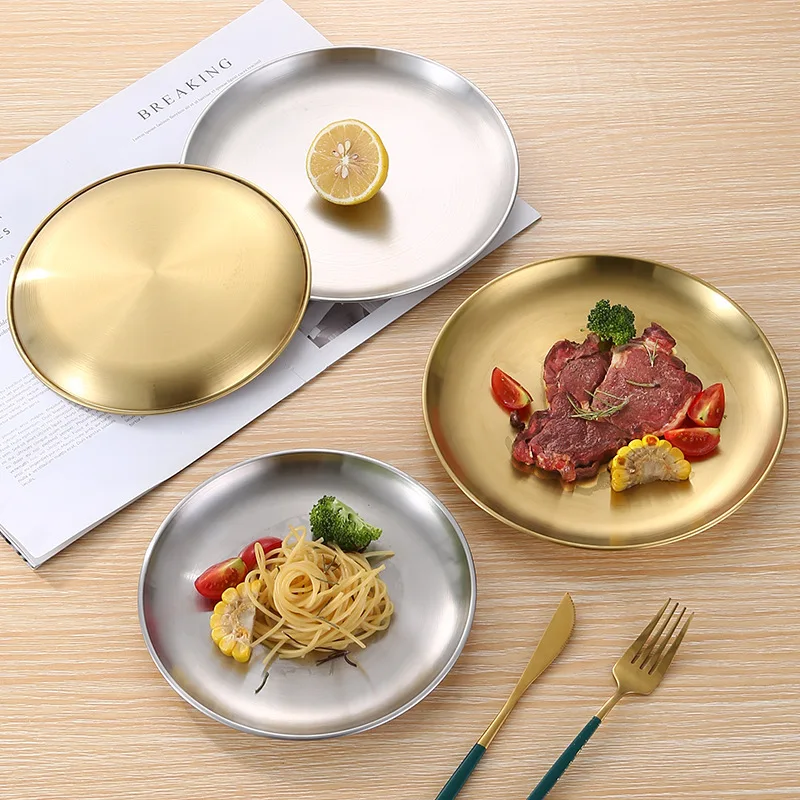 

4pcs Large Round Stainless Steel Dinner Plates Fruit Tray- Heavy-Duty Golden Serving Plates Suitable for Weddings, Buffets