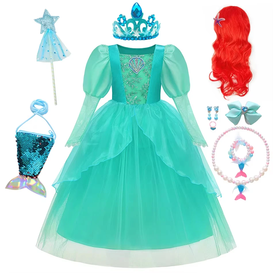 Mermaid Ariel Cosplay Princess Dress Girls Birthday Carnival Frocks Kids Halloween Party Clothes Children Fairy Ball Gown