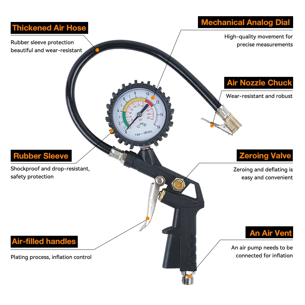Pistola de pressão de pneus, medidor de pressão de ar de alta precisão de 0-16 Bar/0-220 PSI, ferramenta de medição de pressão de pneus, pode inflar/desinflar, acessórios para bomba de ar de carro