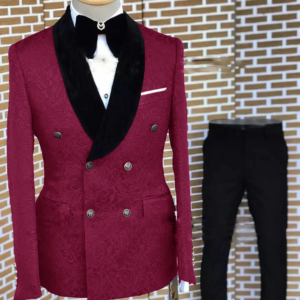 

Double Breasted Burgundy Wedding Men Suit Slim Fit Tuxedo 2 Pieces Suits Groom Prom Jacquard Blazer Terno Masculino Suit