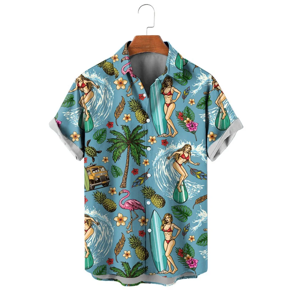 

HX Fashion Men's Shirts Hawaii Polynesian Coconut Tree Surfing 3D Printed Casual Shirt Short Sleeve Beach Shirt Camisas