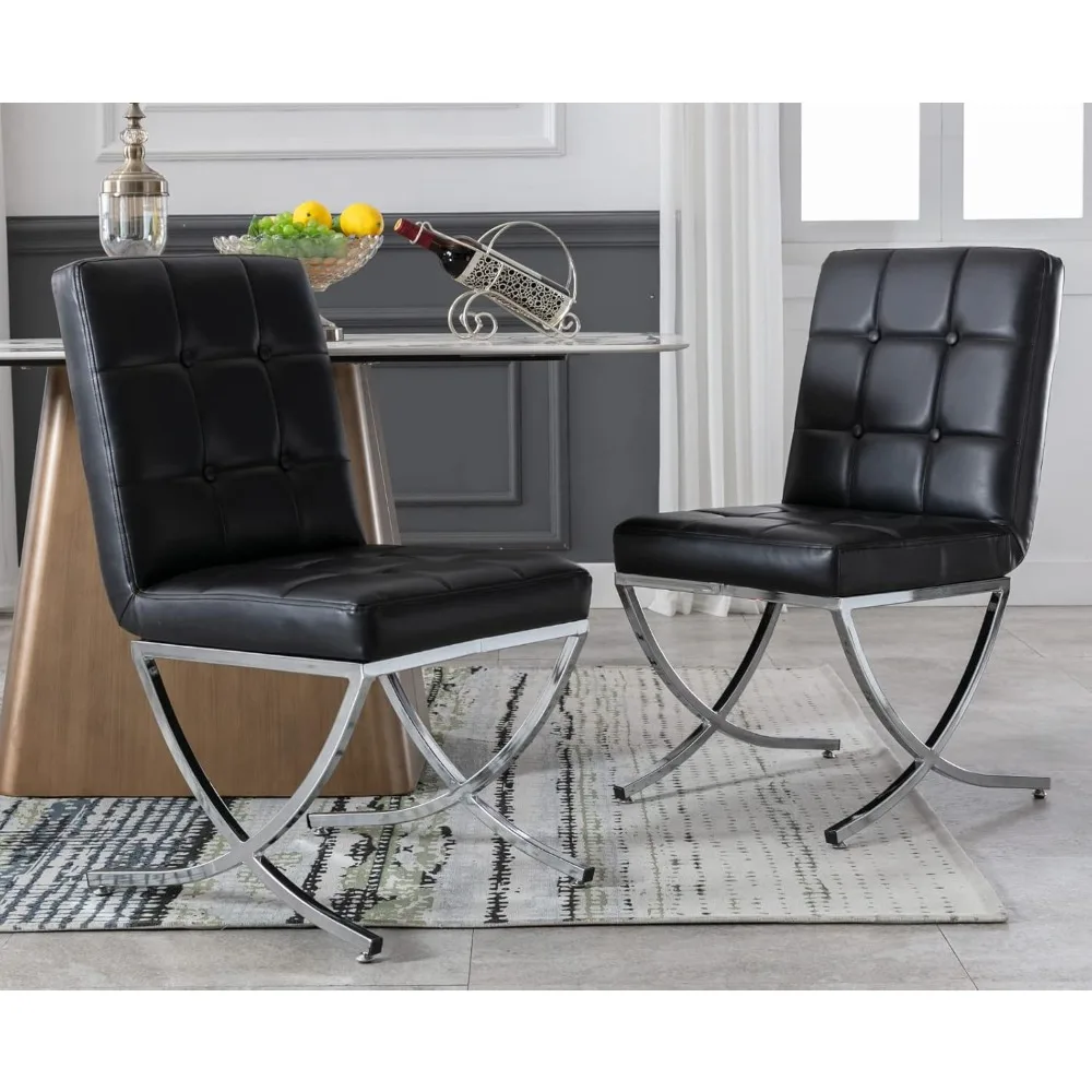 طقم كراسي طعام حديثة مكونة من قطعتين، مقعد منجد من الجلد الأسود مع كراسي معدنية من الكروم وظهر عالي معنقدة، بدون ذراع #1