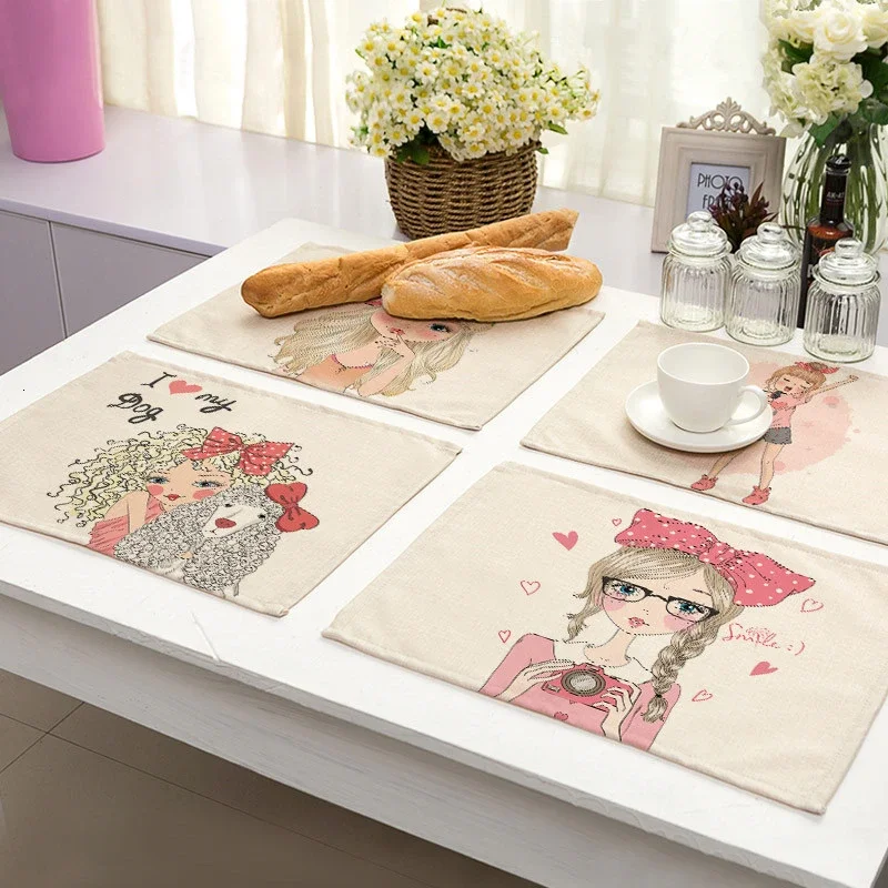 1-Piece 30x40cm Linen Placemat, Cute Girl Print, Kawaii Style, Kitchen & Dining Table Cup & Bowl Mat