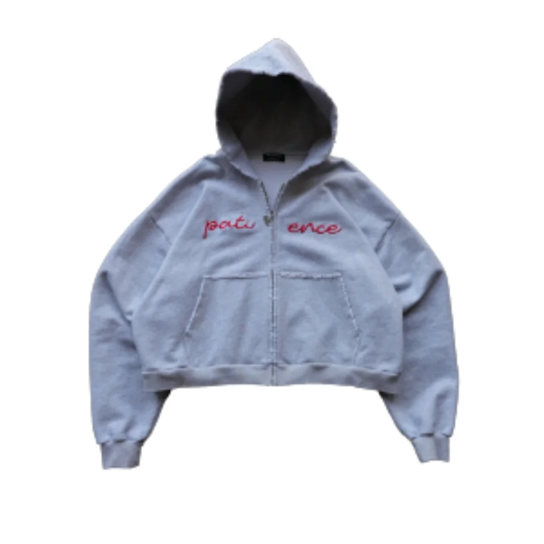 Retro Embroidered Zipper Hooded Sweatshirt Long Sleeve Pullover Street Style Vintage Aesthetic Casual Daily Wear Cozy Jacket