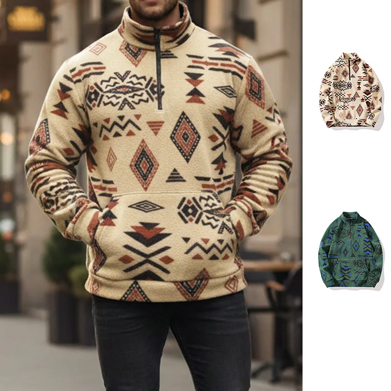 B&C Geometric Print Fleece Pullover Half Zip Stand Collar with Kangaroo Pocket for Men Winter Daily