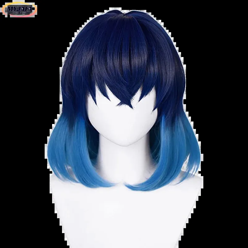 2025 alta calidad Hashibira Inosuke Cosplay azul Ombre pelo resistente al calor Anime juego de rol pelucas + gorro de peluca