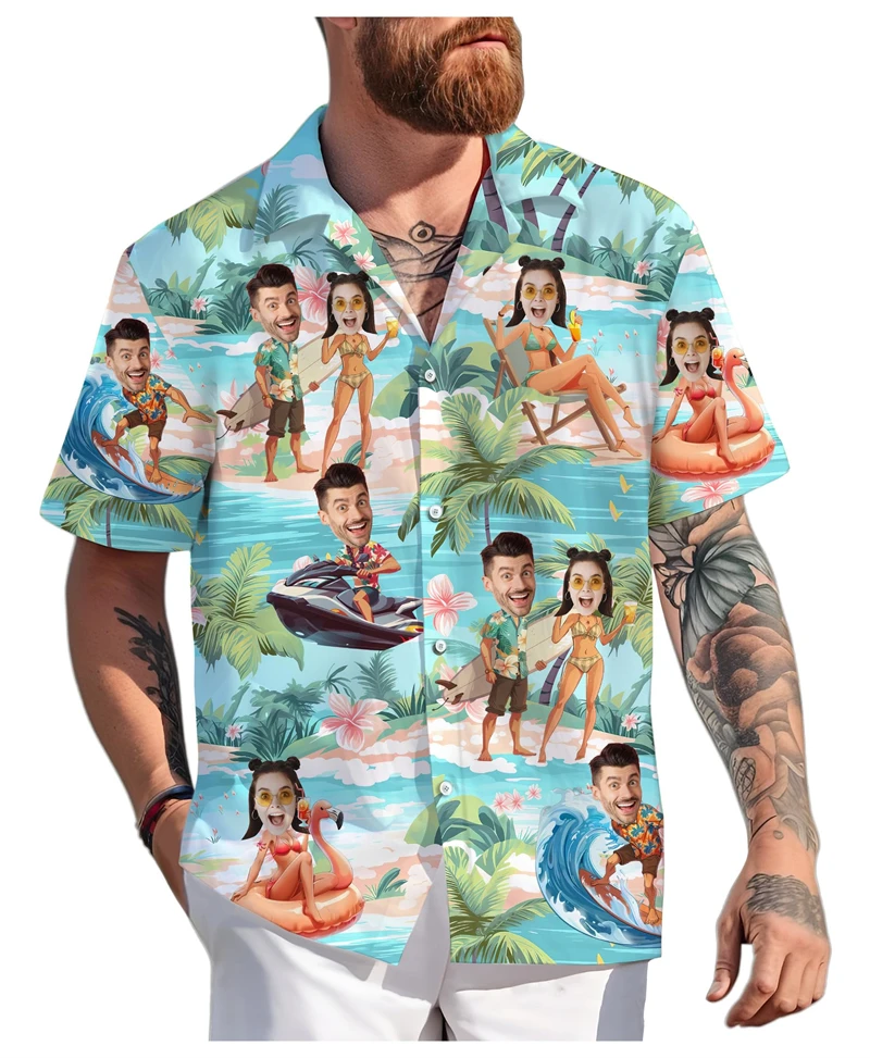 

Забавная гавайская рубашка для пары с индивидуальным лицом, летняя модная рубашка с коротким рукавом, персонализированная рубашка с 3D принтом, свободная дышащая блузка унисекс