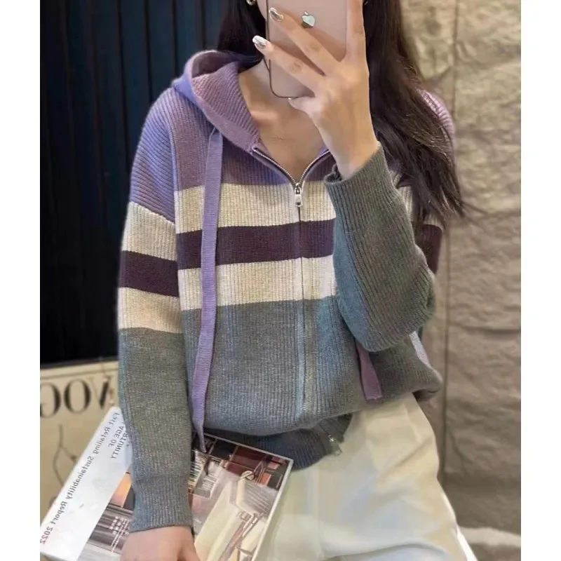 Western style striped double zipper hooded cashmere knit cardigan coat women spring and autumn loose wool hoodie