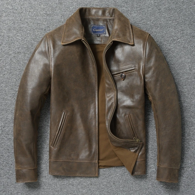 

1940s American Style 2025 Luxury Retro Leather Jacket Untreated Alligator Grain Cowhide Coat Men's Lapel Genuine Leather Jacket