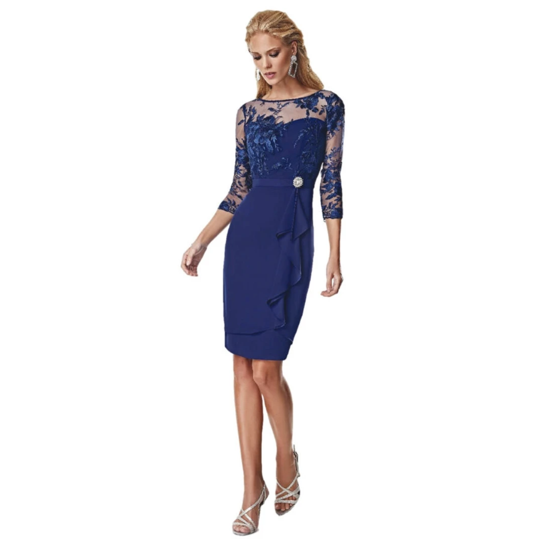 

Elegant Navy Blue Short Mother of the Bride Dress Sheer Lace Bodice Floral Three-Quarter Sleeves Brooch Draped Asymmetric Skirt