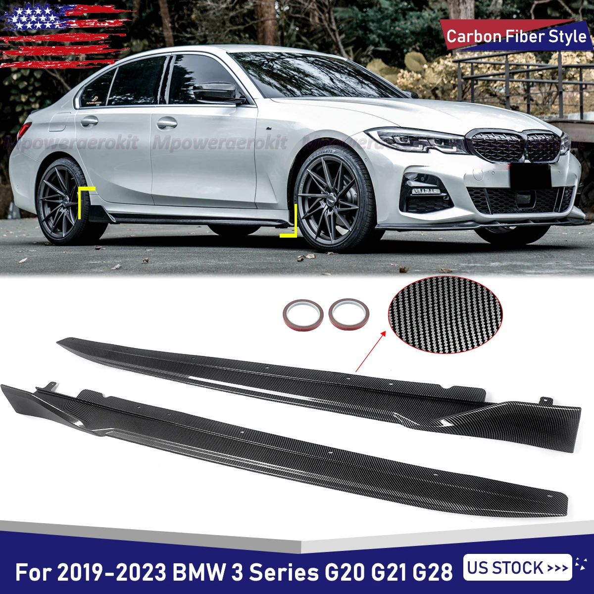 For 2019+ BMW G20 G21 3 Series M Sport Side Skirts Extension Carbon Fiber Style