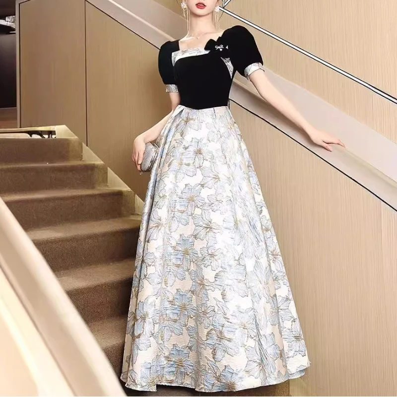 Customized Elegant French Sqaure Collar Short Sleeve Graduation Vestidos High End Luxury Floer Print Evening Gown Temperament Dr