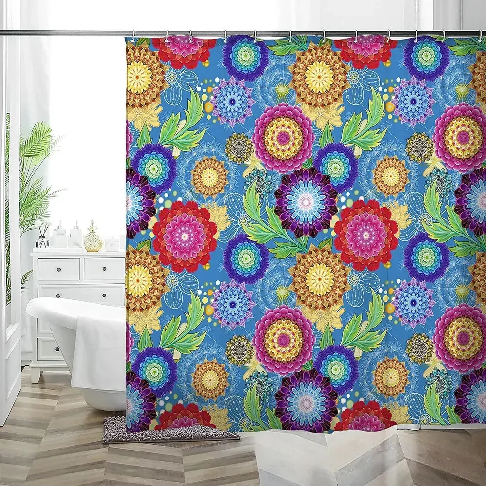 Colorful Bohemian Flower Shower Curtain Indian Mandala Exotic Plant Floral Bathroom Decor With Hook Waterproof Polyester Screen