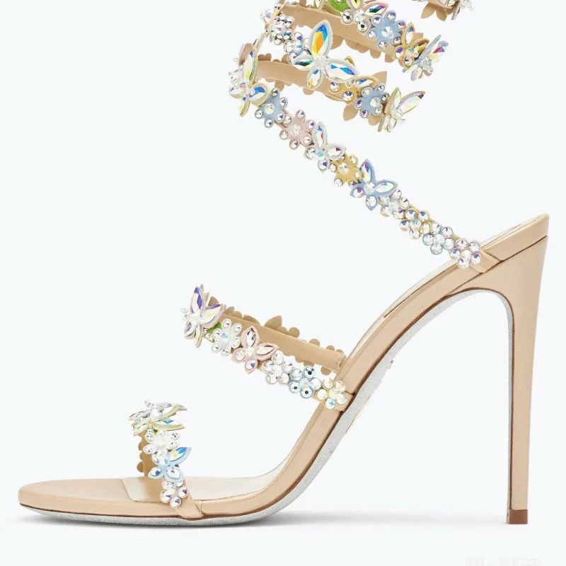 Crystal Butterfly Ankle Wrap Stiletto Sandals Woman Summer 2026 Luxury Rhinestone Snake High Heels Wedding Dress Shoes