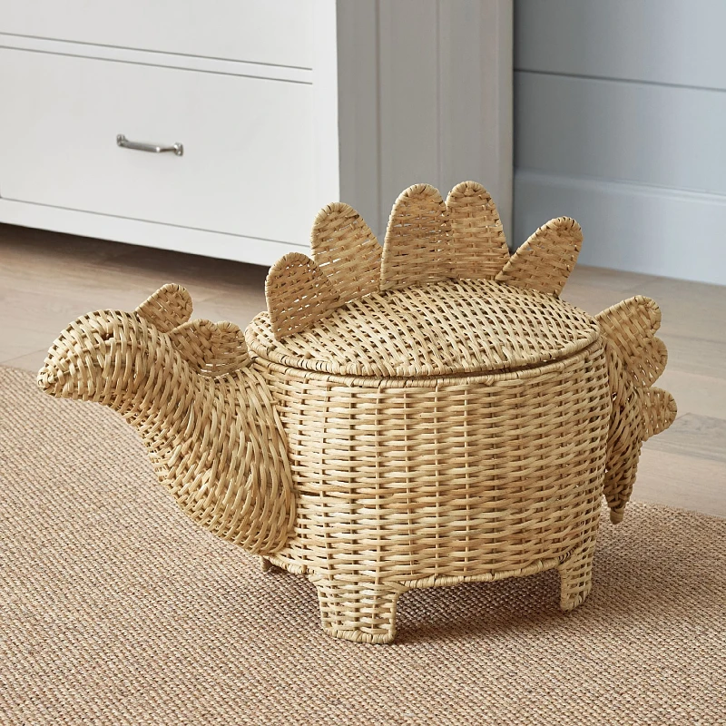 Cute Rattan Woven Dinosaur with Cover Dirty Clothes Basket Children's Room Toys Storage Basket Hand-woven Decorative Basket