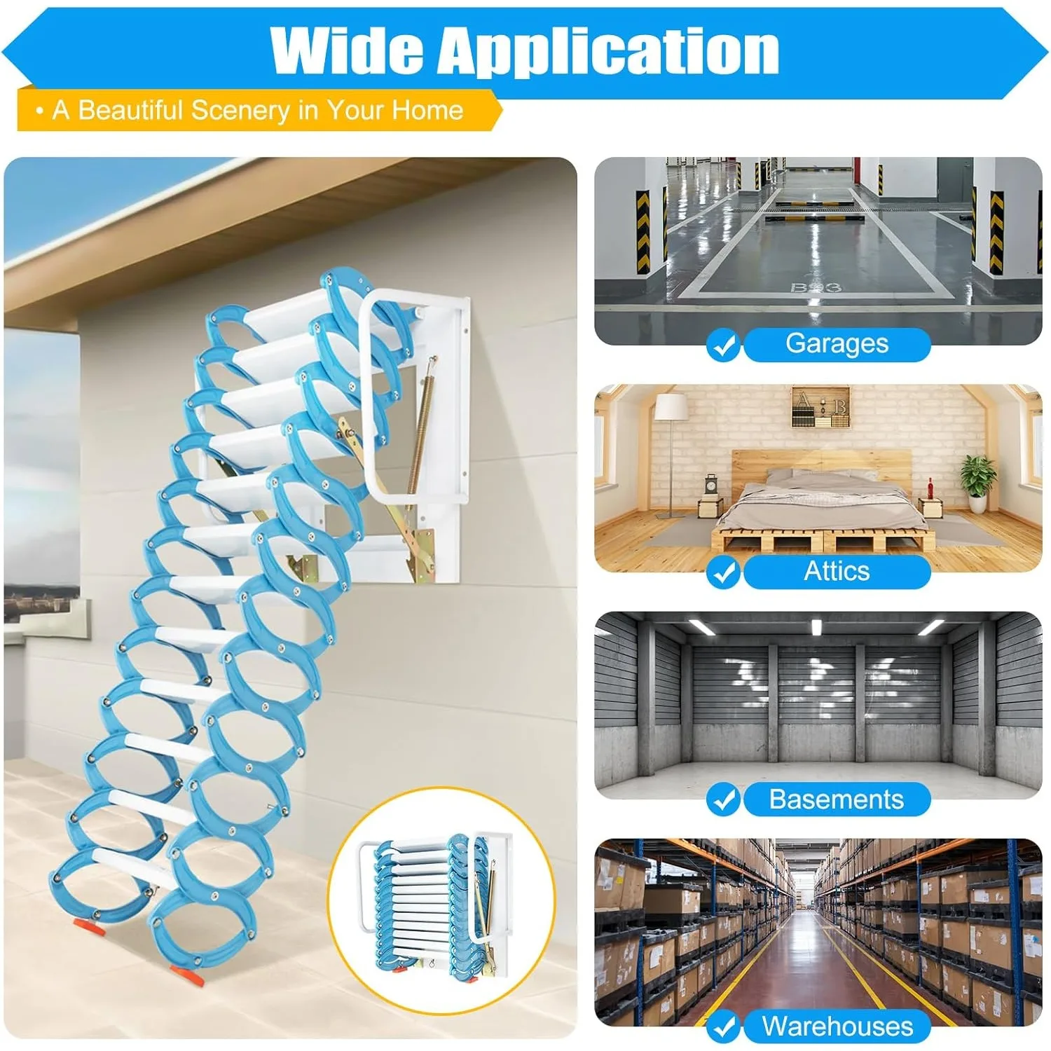 Folding Attic Ladder Pull Down System Wall Mounted Attic Stairs Loft Collapsible Ladder with Armrests, NOT Suitable for Ceiling