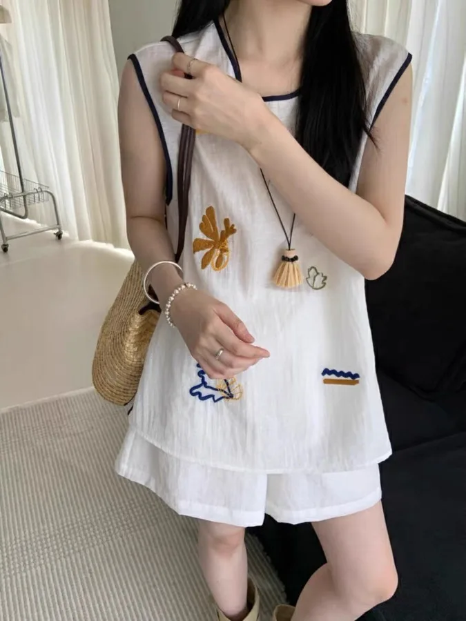 

Artistic Embroidered Vest And Casual orts Women's Faion Set Cotton round Ne Two-Piece Suit Summer Collection