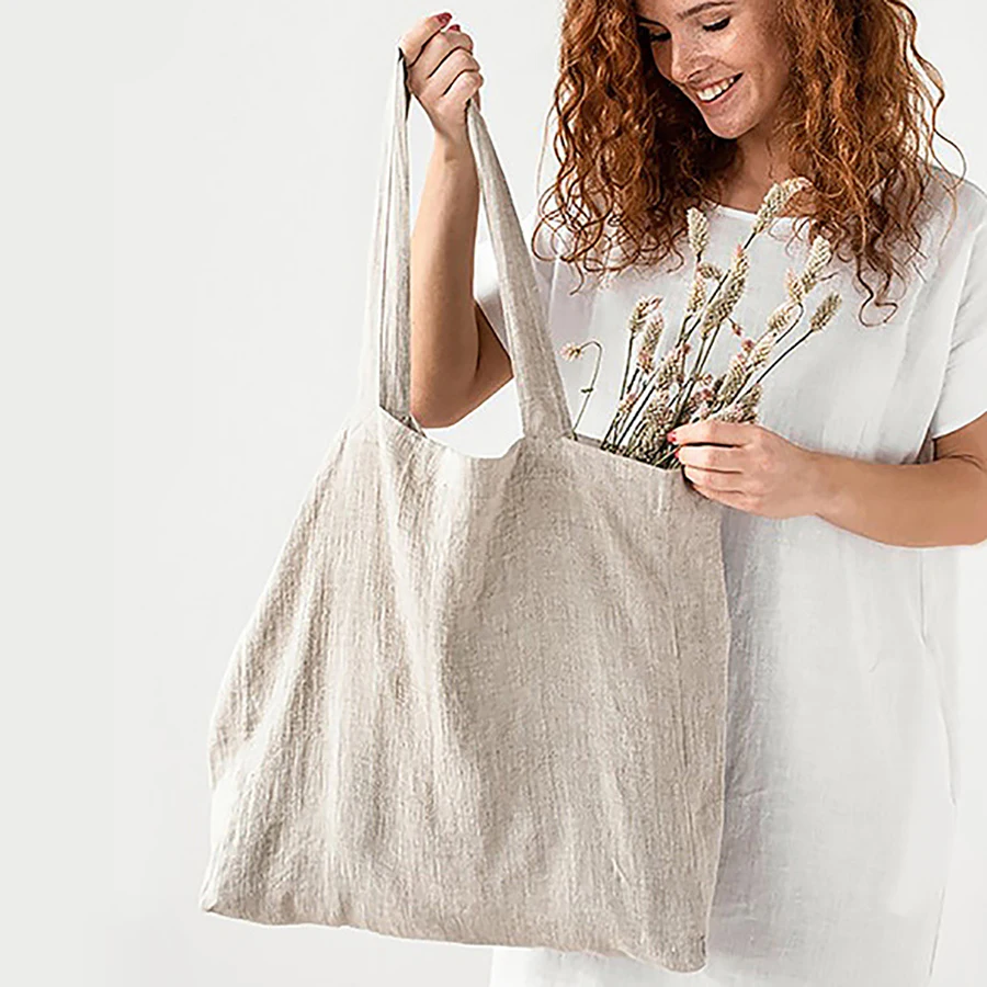 100% Pure Linen Hemp Shoulder Bags Large Capacity Handbag Portable Shopping Bag Supermarket Environmental Cloth Pouch Women Bag