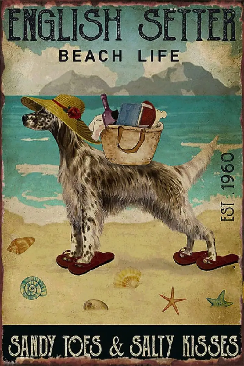 Metal tin Sign English Setter Beach Life2 Wreath Sign Wreath Attachment Funny Novelty Metal Sign Retro Wall Decor for Home  sign