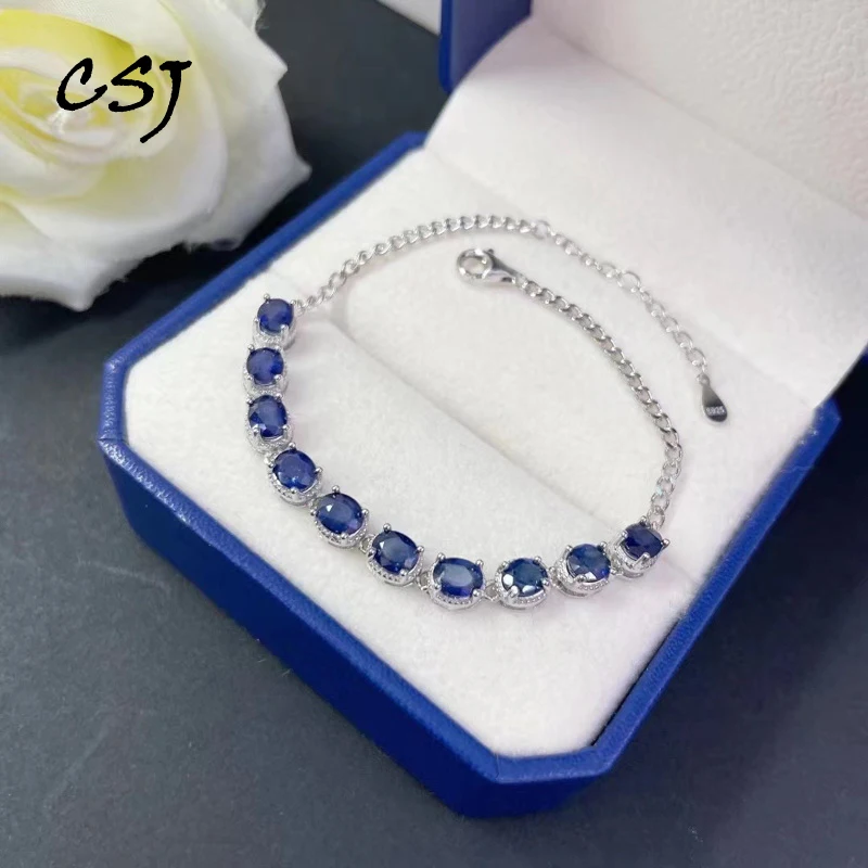 Elegant  Natural Sapphire Bracelet Solid 925 Silver Gemstone Oval 4*5mm Fine Jewelry for Women Party Birthday Wedding Gift