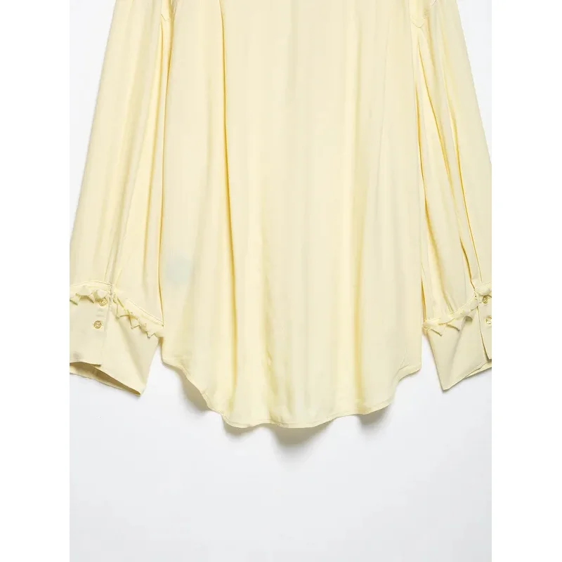 Fashion Women's Yellow Chiffon Shirt And Skirt Set Summer Outfit with Tiered Lace-Up Design Pleated Long Skirt Zipper Closure