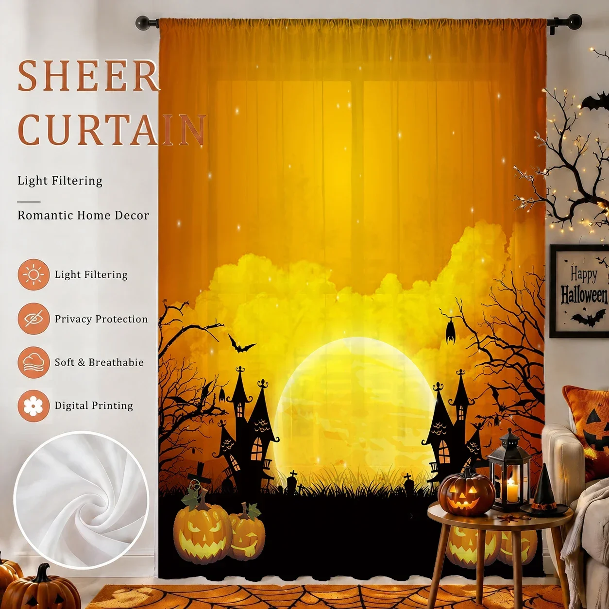 Halloween Haunted House Curtain Sheer Curtains Yellow Light Filtering Romantic Home Decor Curtain Panels