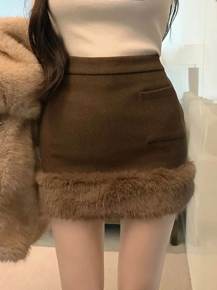 Fur Women's Autumn Fragrant Wind Woolen High Waist A-line Wrapped Hip Short Skirts Black Y2k Skirt Casual Jupe Faldas Mujer 