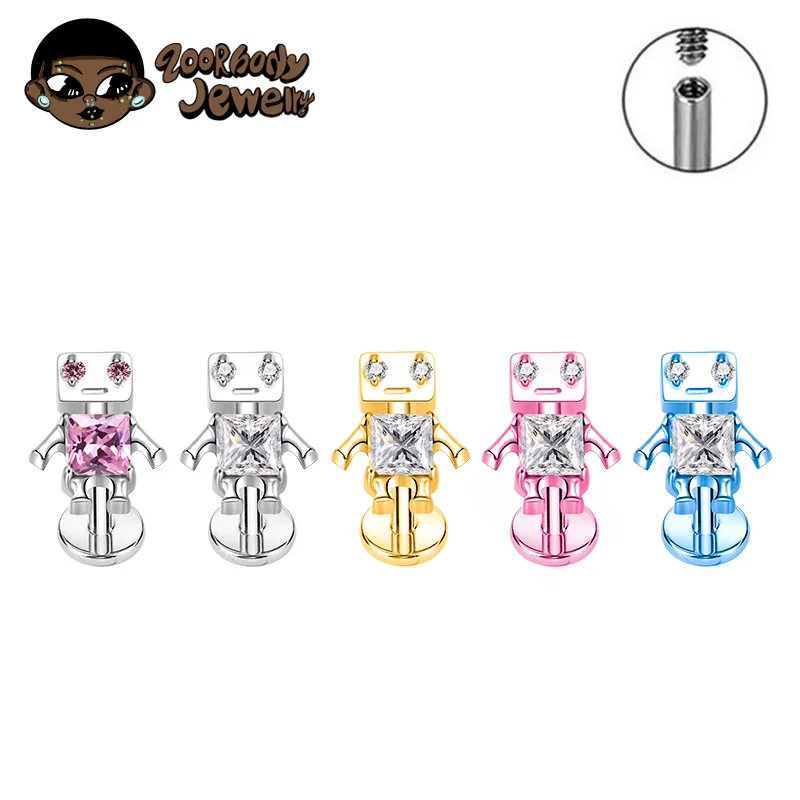 Neue ASTM F136 Titan mit CZ Robot Lobe Flat Piercing Punk Ohrstecker Gothic Ohrringe Helix Knorpel Innengewinde Lippen Ohrstecker