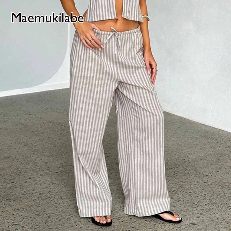 

Maemukilabe Vintage Striped Wide Leg Straight Pants Women High Waist Tie Up Trousers Looks Street Style Outfits Loose Pants