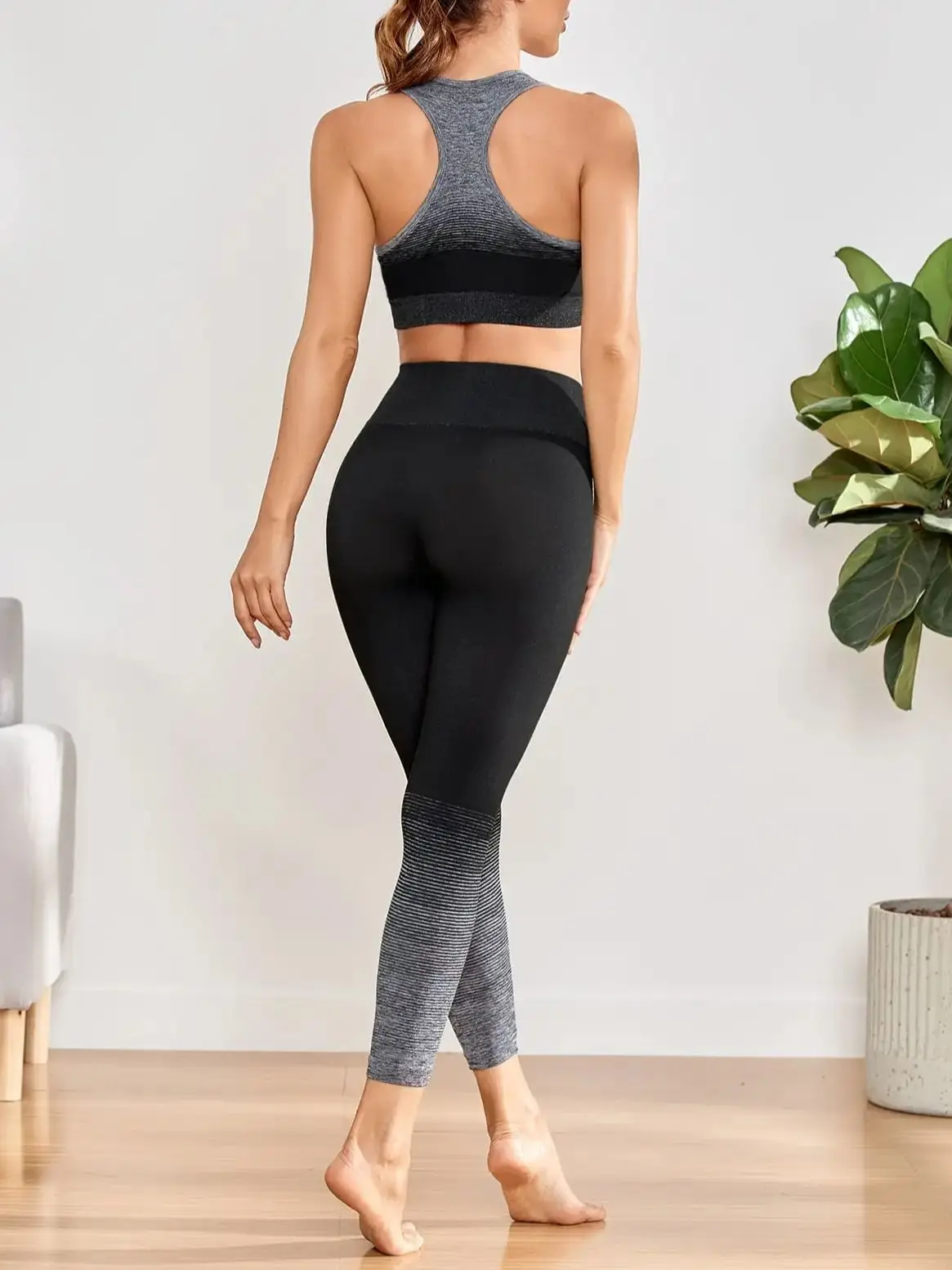 Gradient Seamless Yoga Set for Women, High Waist Butt Lifting Leggings Sports Bra, Shaping Gym Workout Activewear