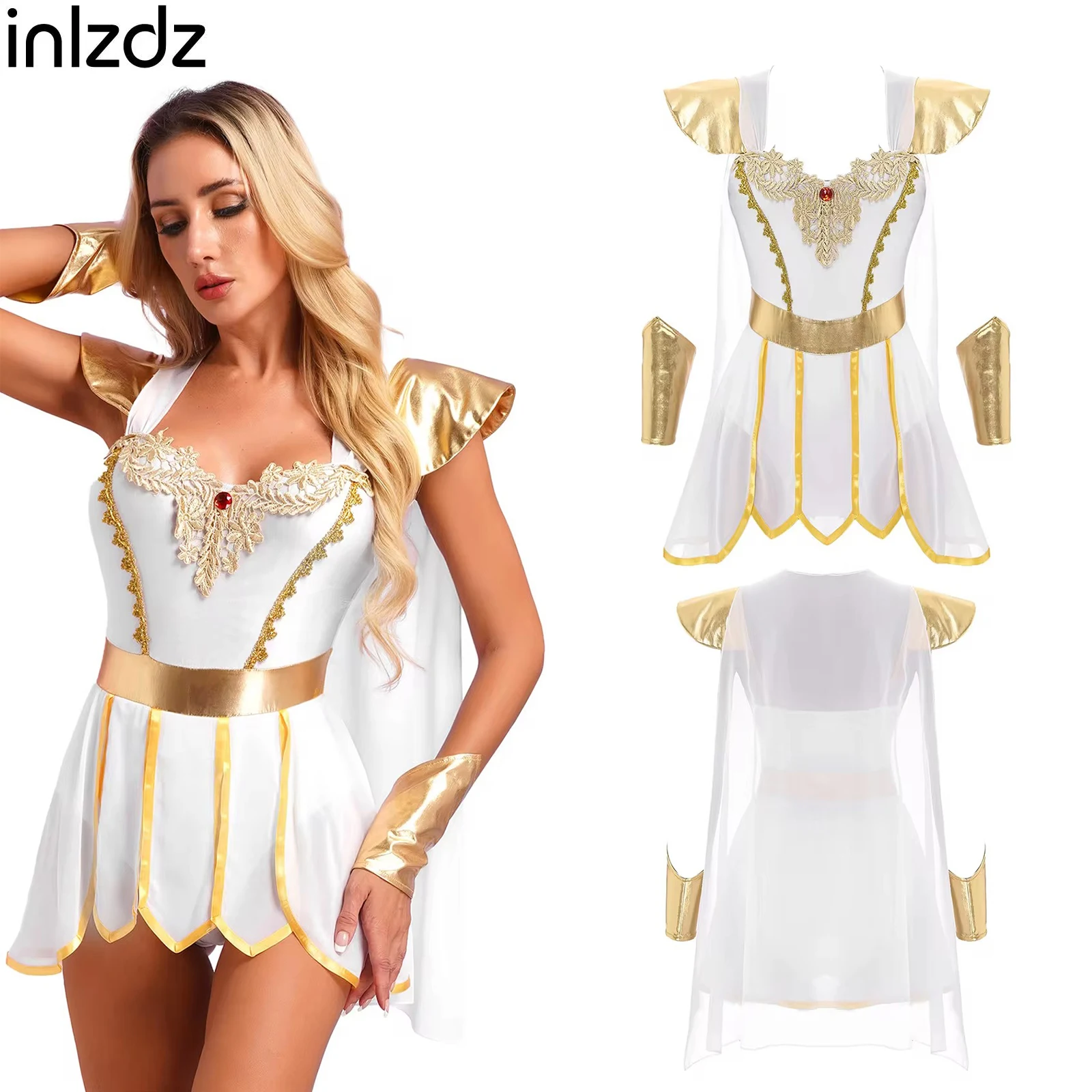 Halloween Ancient Roman Toga Bodysuit Cosplay Costumes for Womens Integrated Cape Petal Skirt Bodysuit+Metallic Wristbands Suit