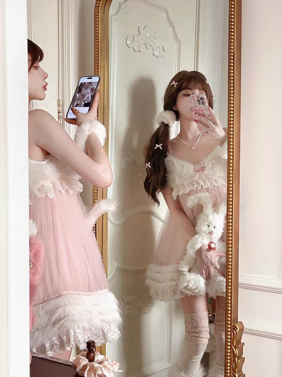 Vestido de princesa dulce lolita bobon21, vestido de falda con tirantes de felpa y lazo de encaje Retro D2384