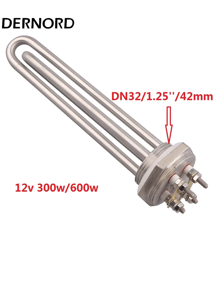 DERNORD DC 12V Heating Element Tubular Electrical Immersion Heater100w 200w 300w 600w DN32 DN25 Solar Water Heater SUS304