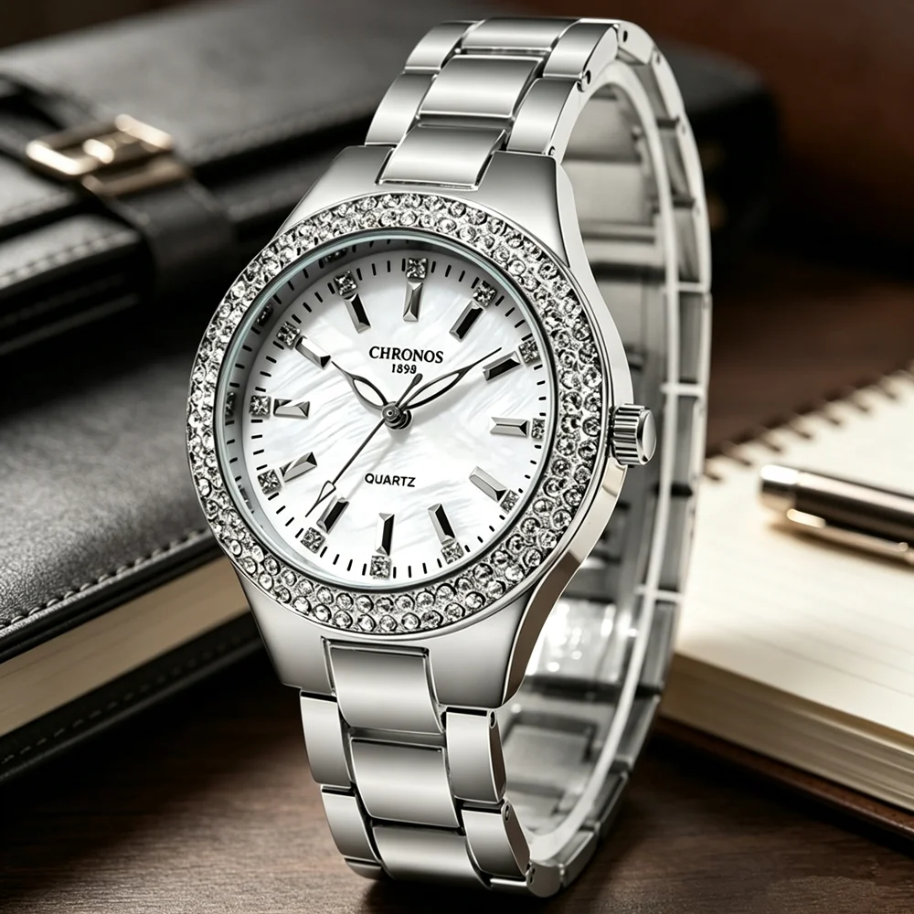 2025 CHRONOS New Women's Elegant Watch Shell Dial with Rhinestones Luxury Casual Fashion Ladies Dress Waterproof Wristwatch