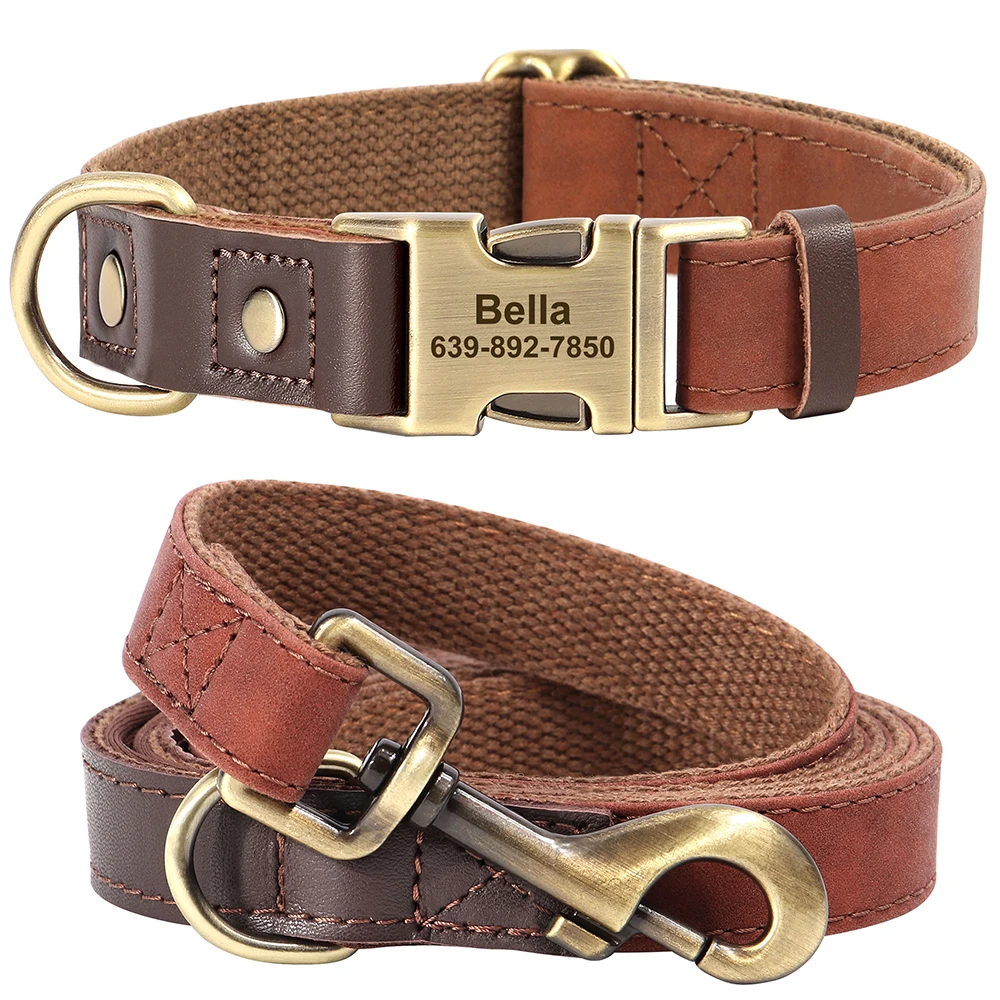 Personalized Dog Collar Leash Durable Nylon Leather Dog Buckle Collars Necklace Pet Walking Leash for Small Medium Dogs Pitbull