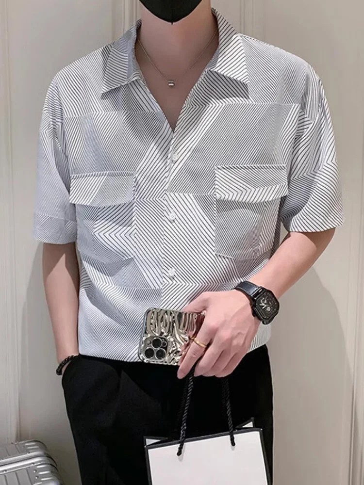 

Мужская повседневная тонкая футболка из ледяного шелка с коротким рукавом, модный дизайн, для отдыха и работы, стандартный крой, смесь полиэстера