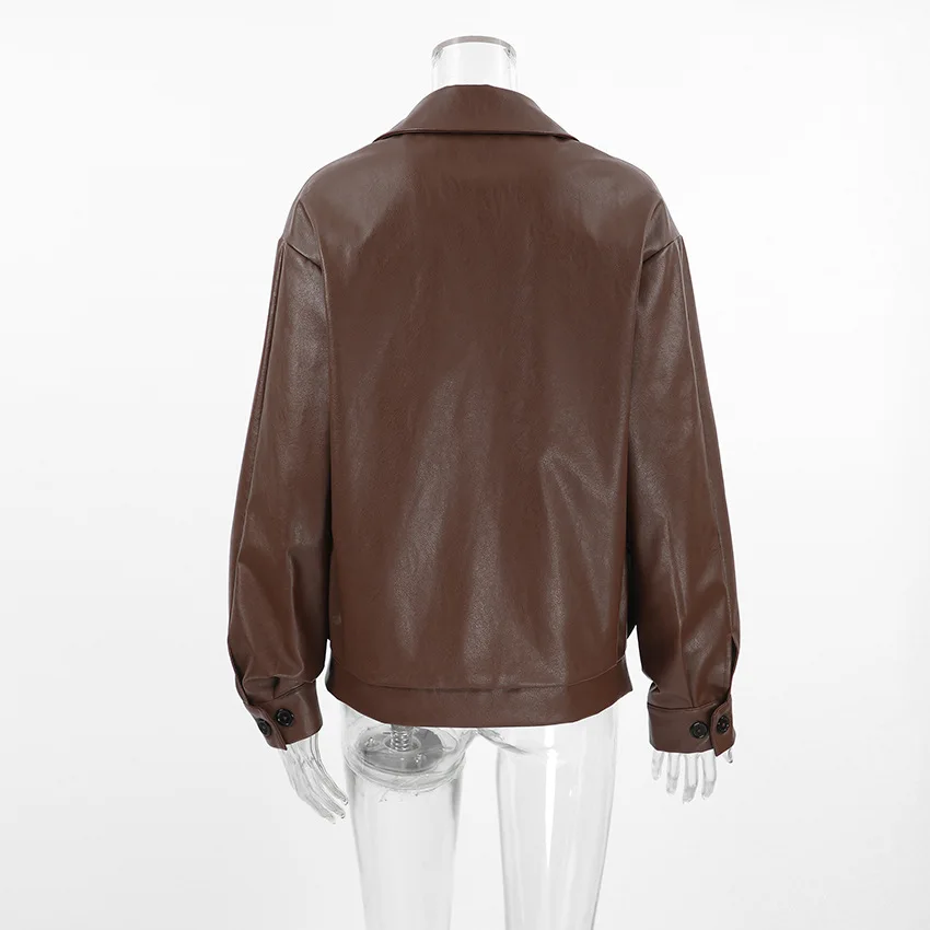 Oversized Notched Collar European American Fashion Trench Jacket Winter Women's Vintage Brown Lapel Leather Coat Mid-Length