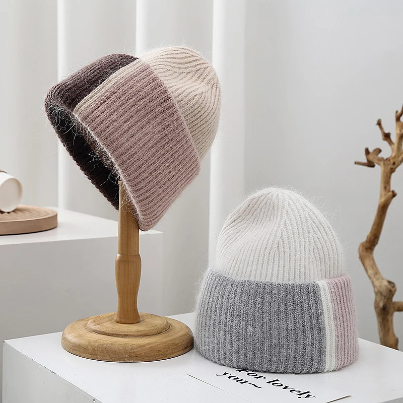 Autumn Winter Rabbit FUR Knitted Hat Women Simple Three Color Splicing Thickened Skullies Hat Versatile  Pullover Beanies Hat