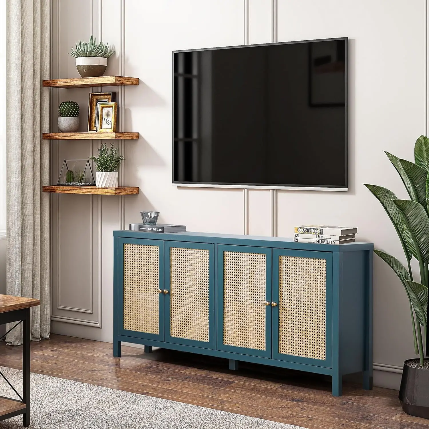 Rattan Sideboard Buffer Cabinet,Accent Storage Cabinet with 4 Rattan Doors, Modern Storage Cupboard Console Table