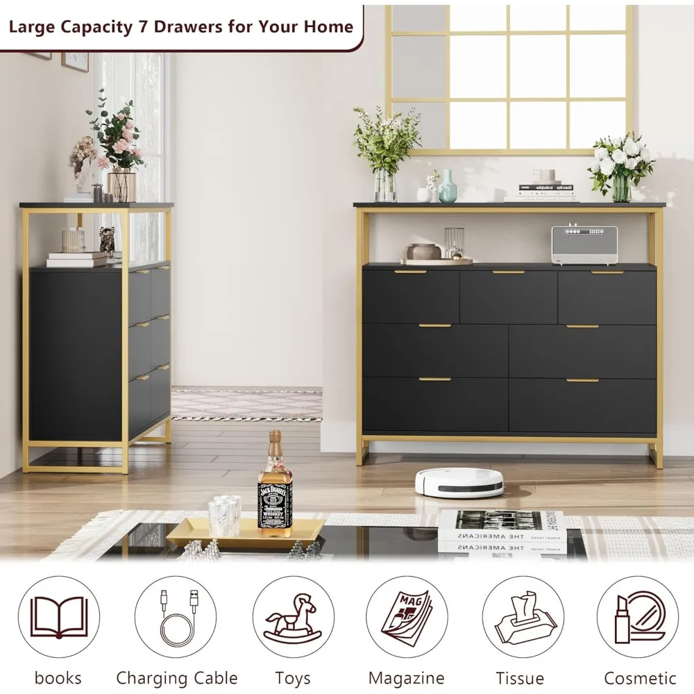 خزانة سوداء واسعة ذات 7 أدراج مع مقابض معدنية حديثة لتخزين كافية