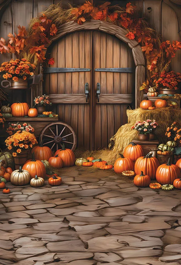 Mehofond Photography Background Autumn Pumpkin Barn Wooden Door Thanksgiving Kids Birthday Portrait Decor Photo Backdrop Studio