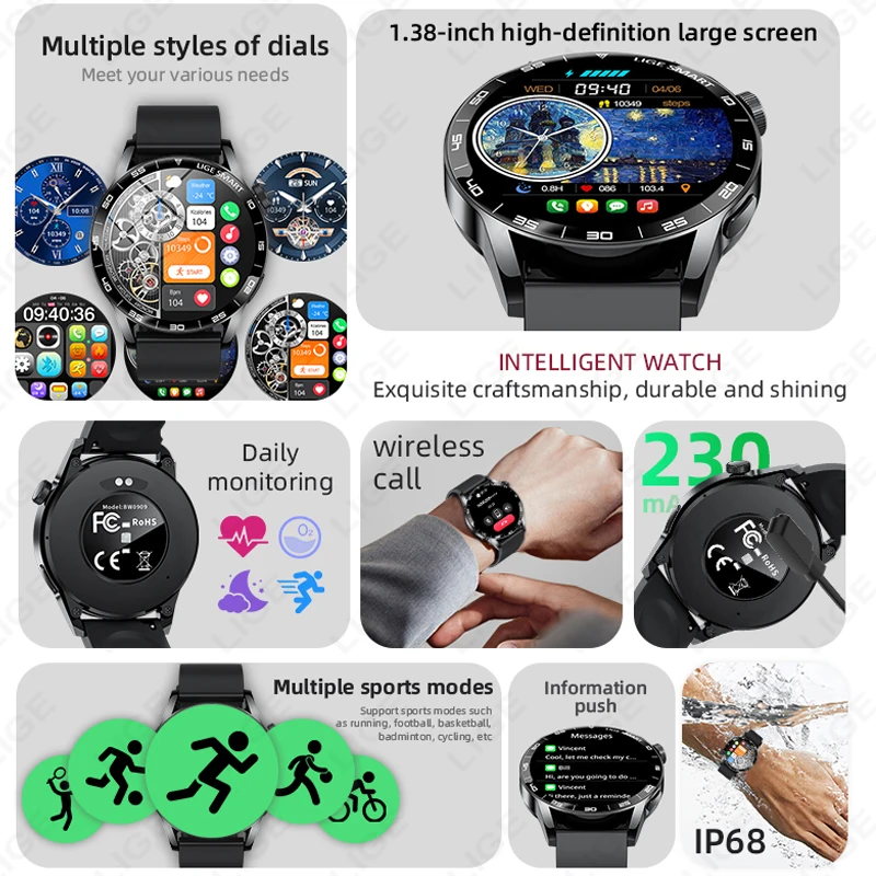 LIGE 2025 Smartwatch الرجال 1.38 "HD بلوتوث دعوة الساعات مراقب معدل ضربات القلب مقاوم للماء الرياضة اللياقة البدنية ساعة ذكية لنظام أندرويد IOS