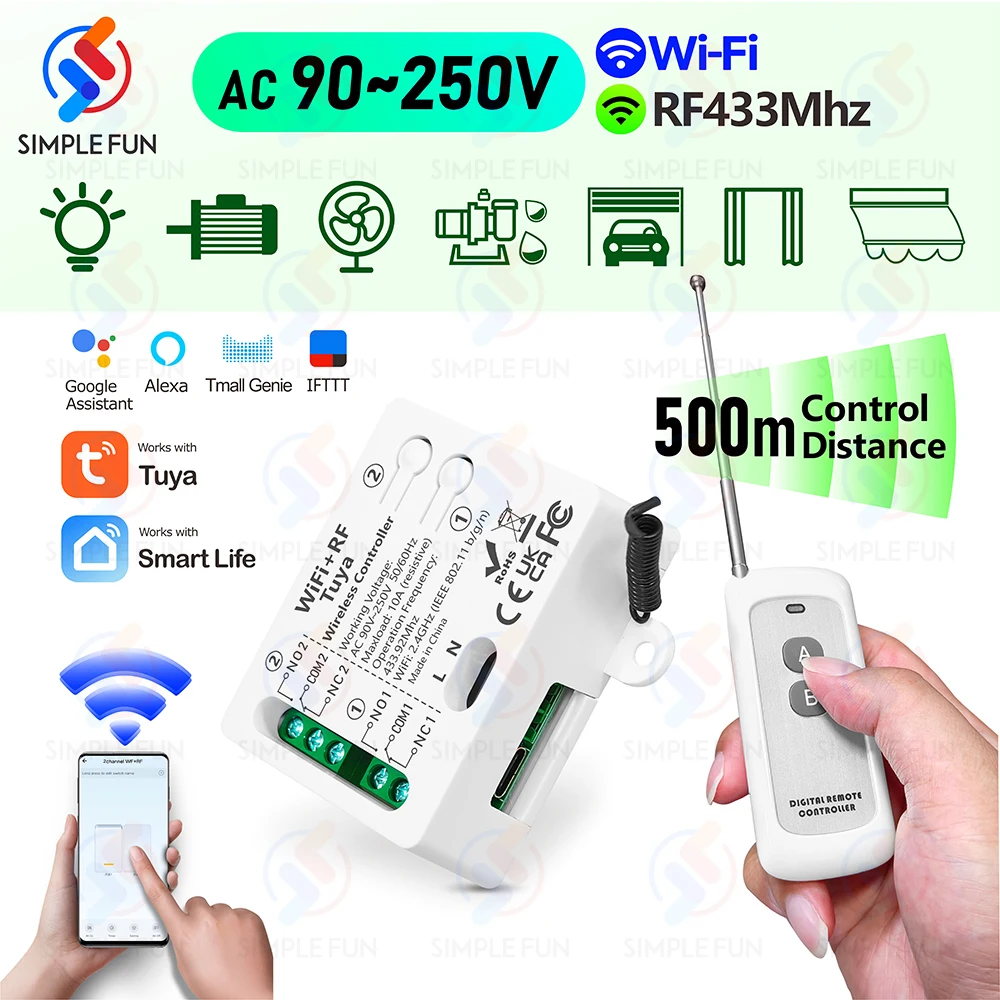

Tuya WiFi RF Wireless Smart Switch 110V 220V 230V 10A 2CH Relay Support Alexa Google Home for Remote Control Light Garage Motor