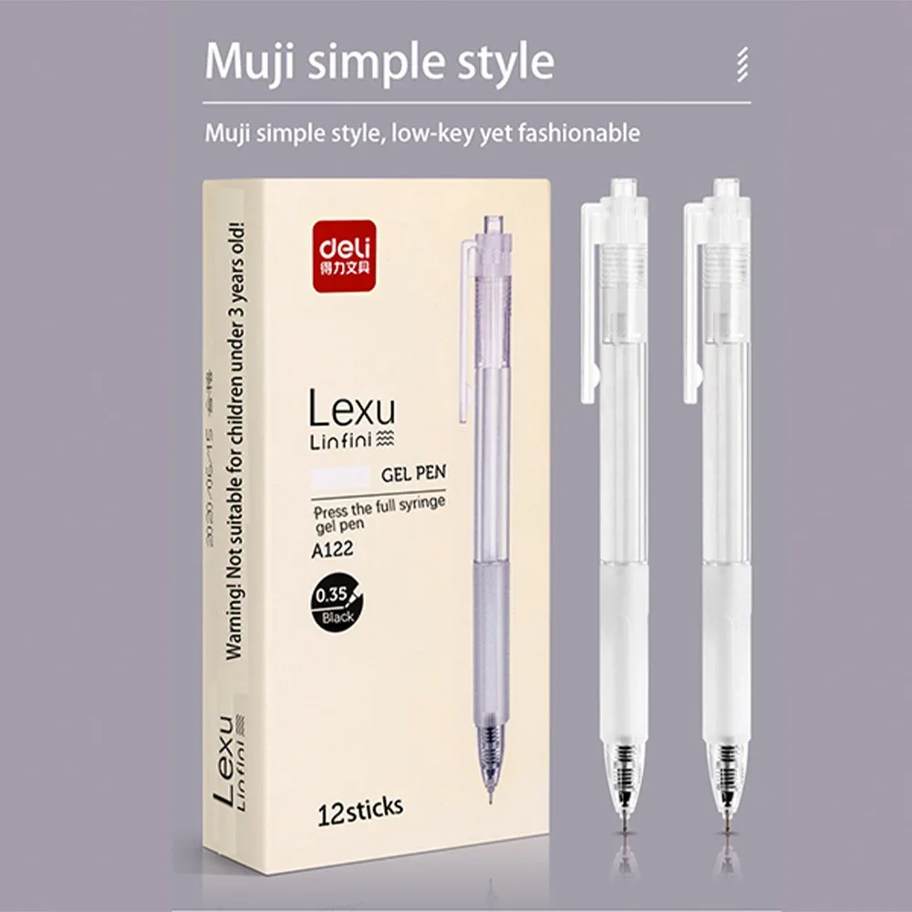 Deli-Retrátil Imprensa Bala Gel Canetas Set, Caneta Assinatura, Tinta Preta, Quick Dry Design, Material de Escritório Escolar, Papelaria, 0,35 milímetros