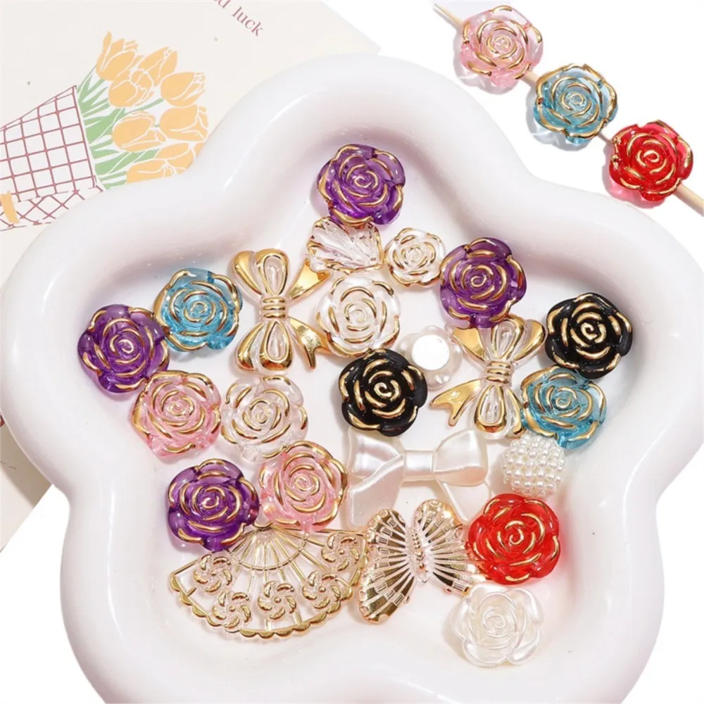 30Pcs/Lot Mixed Style Clear Bow Flowe Gold Border Acrylic Beads For DIY Necklace Bracelet Craft Handmade Jewelry Making Supplies