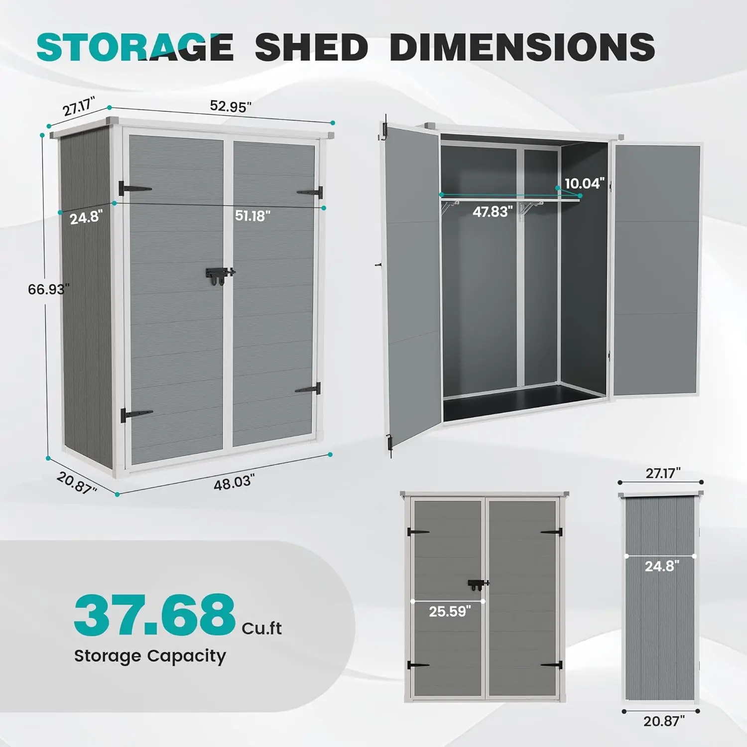 Udpatio Resin Vertical Lockable Storage Shed, 4.3 Ft X 5.6 Ft Outdoor Storage Shed Waterproof Resin Cabinet For Garden,