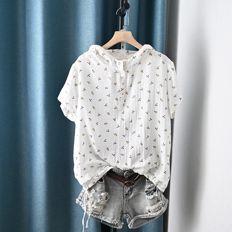 

2022 Summer New Arts Style Women Short Sleeve Loose Polka Dot Tee Shirt Femme Tops All-matched Casual Hooded T-shirt C392