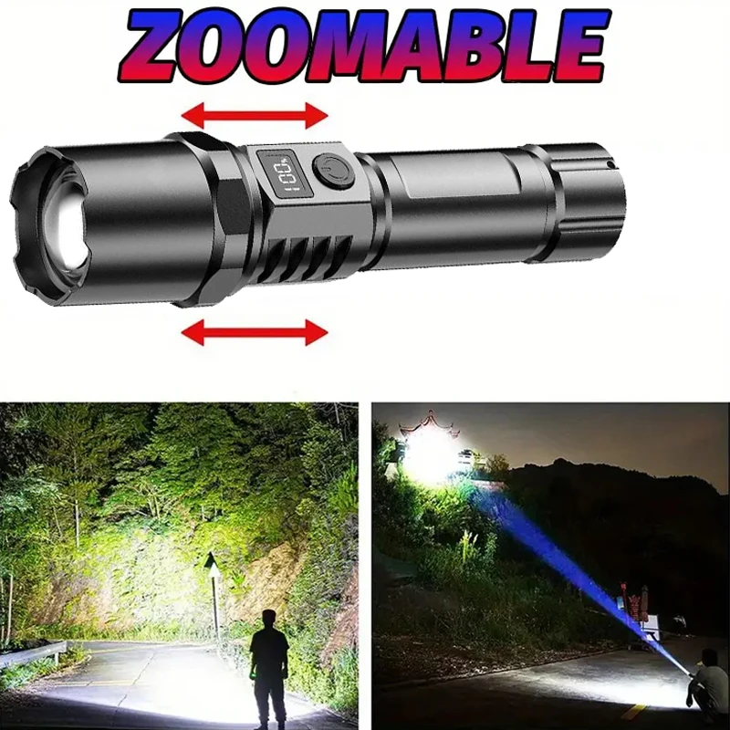 High Strong Power ไฟฉาย LED ยุทธวิธี Telescopic ไฟฉายซูมแบตเตอรี่ในตัว USB ชาร์จไฟได้