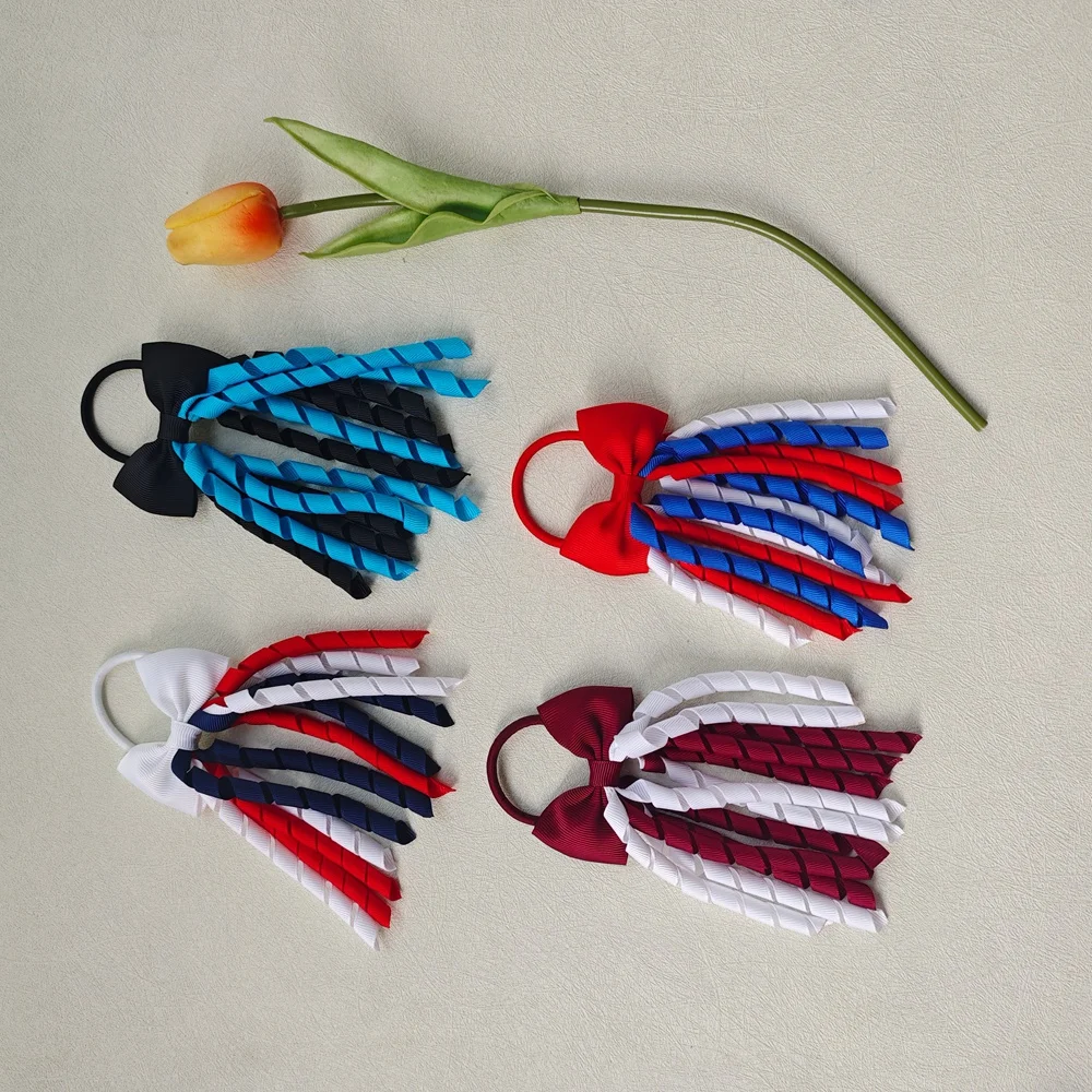 4 pièces Élastiques à cheveux pour filles avec nœuds, rubans bouclés Korker, boucles à franges pour queue de cheval, nœuds de 2,7 pouces et rubans décoratifs