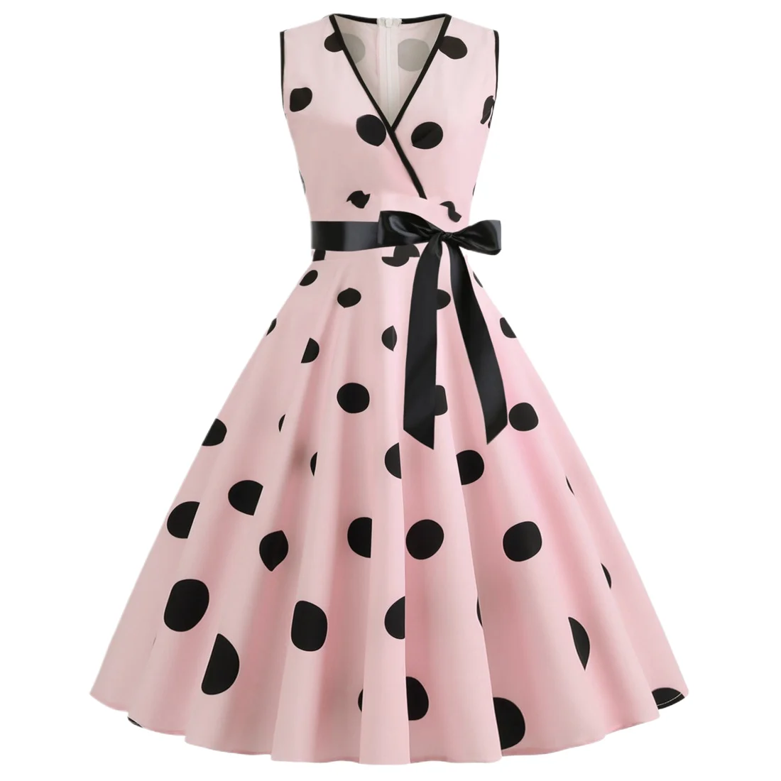 

Summer Vintage Polka Dot Print Sleeveless Dresses Women V-neck Bowknot Leace-up Hepburn Style Dress Temperament Lady New Vestido